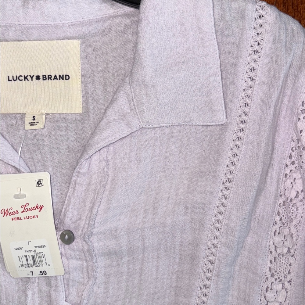 Lucky Brand Lavender Lace Inset Cotton Gauze Button Up Shirt Thistle Small NWT - Picture 8 of 9
